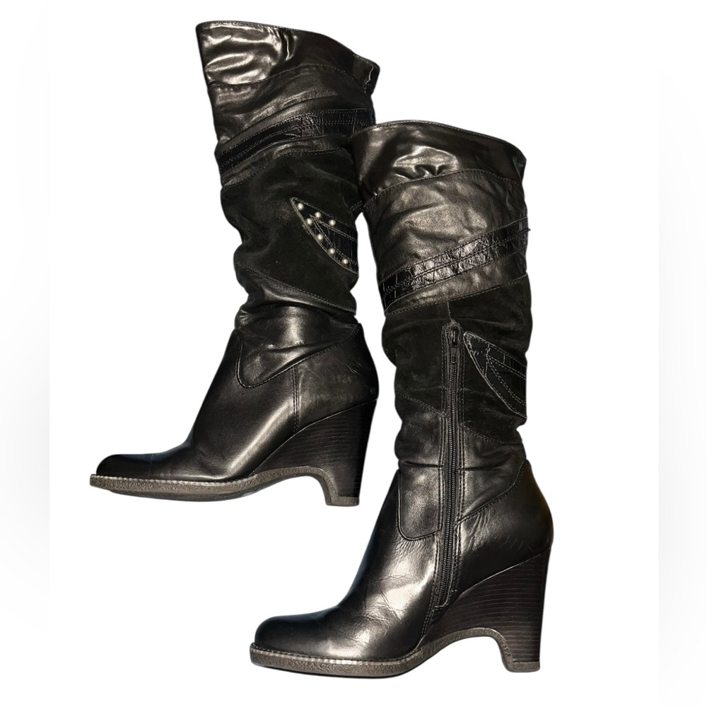 Bronx Vintage Marika Tall Black Wedge Leather Boots Size 38 (7.5-8) - Picture 2 of 7